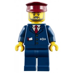 LEGO Minifigure - Casaco Azul Escuro com Logo de Comboio, Pernas Azul Escuro, Chapéu Vermelho Escuro, Barba Cinza