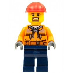 LEGO Minifigure - Motorista de Empilhador- Bolso no peito, cinto cinza escuro, pernas azul escuro, capacete de construção, ba
